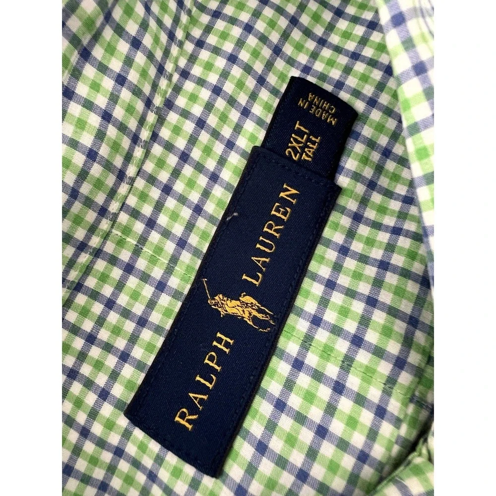 Ralph Lauren Button Down Shirt 2XLT Tall Green Blue Gingham Pony Logo Cotton